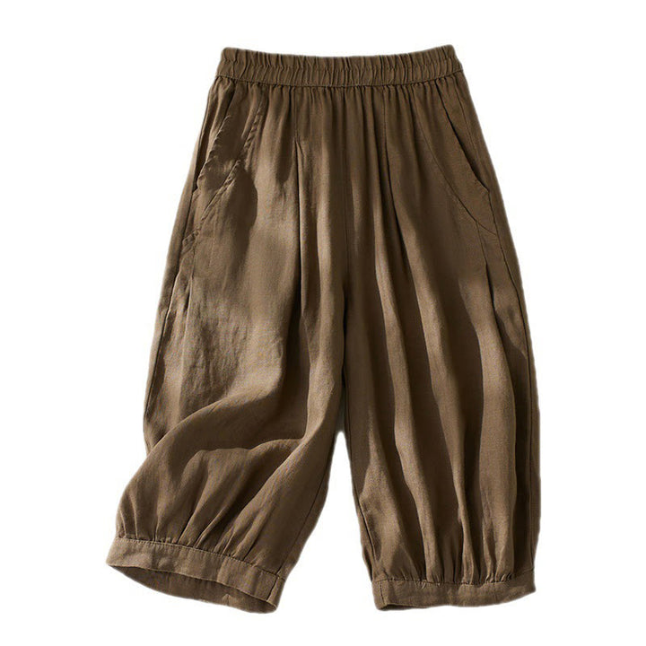 Buddha Stones Commute Pure Color High Waist Women's Cotton Linen Harem Cropped Pants With Pockets