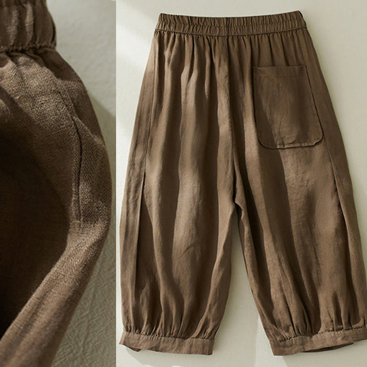 Buddha Stones Commute Pure Color High Waist Women's Cotton Linen Harem Cropped Pants With Pockets - image 6