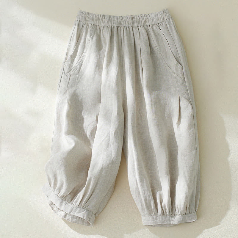 Buddha Stones Commute Pure Color High Waist Women's Cotton Linen Harem Cropped Pants With Pockets