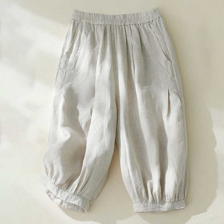 Buddha Stones Commute Pure Color High Waist Women's Cotton Linen Harem Cropped Pants With Pockets