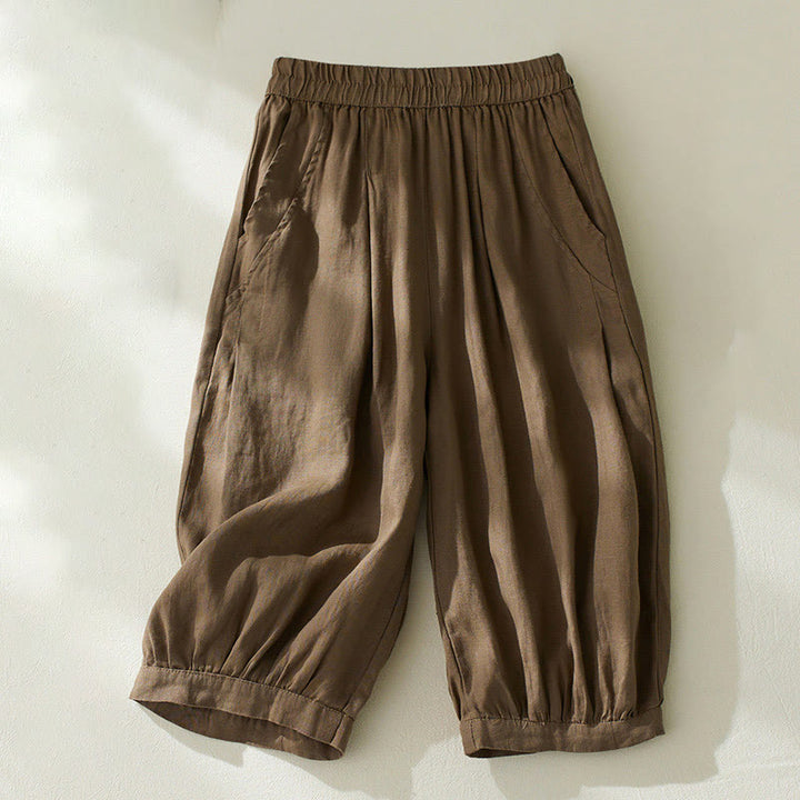 Buddha Stones Commute Pure Color High Waist Women's Cotton Linen Harem Cropped Pants With Pockets