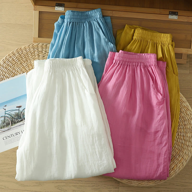 Buddha Stones Commute Pure Color Simple Design Women's Cotton Linen Ankle-Length Harem Pants With Pockets
