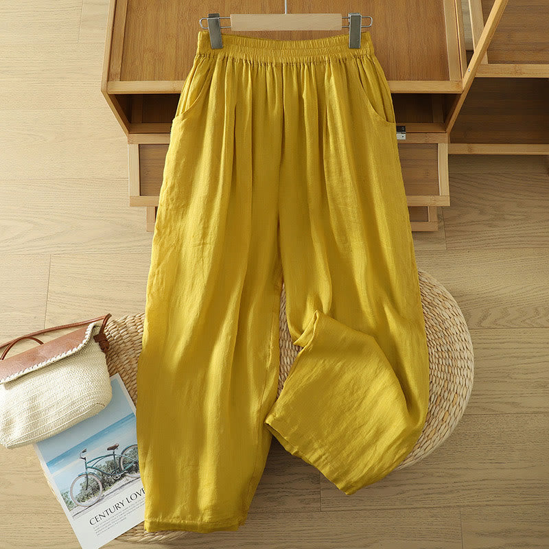 Buddha Stones Commute Pure Color Simple Design Women's Cotton Linen Ankle-Length Harem Pants With Pockets - Gold - US8-10，UK/AU12-14，EU40-42 (2XL) - image 0