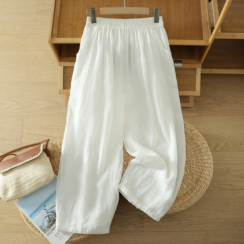 Buddha Stones Commute Pure Color Simple Design Women's Cotton Linen Ankle-Length Harem Pants With Pockets - White - US8-10，UK/AU12-14，EU40-42 (2XL) - image 5