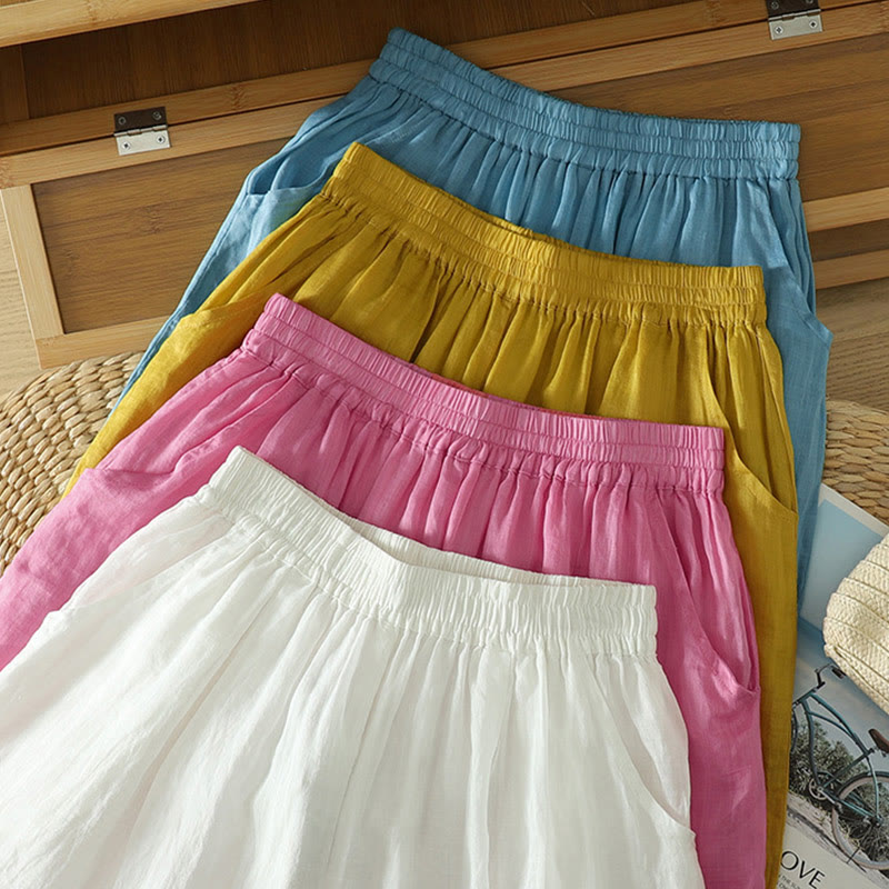 Buddha Stones Commute Pure Color Simple Design Women's Cotton Linen Ankle-Length Harem Pants With Pockets