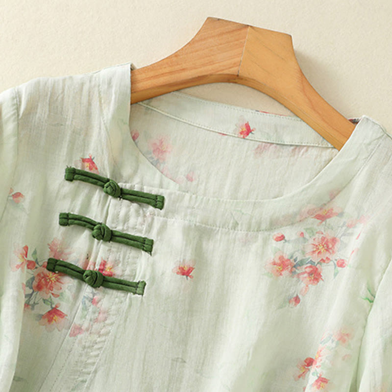 Buddha Stones Plant Printed Crew Neck Frog Button Design Women's Polyester Three Quarter Sleeve Shirt - image 19