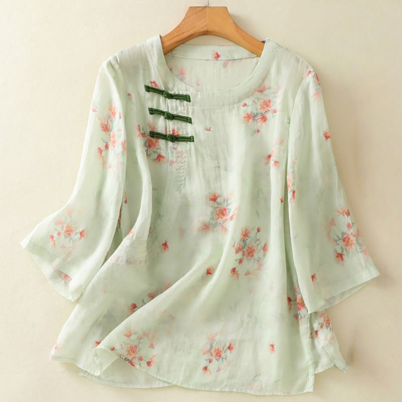 Buddha Stones Plant Printed Crew Neck Frog Button Design Women's Polyester Three Quarter Sleeve Shirt - Aquamarine - US8-10，UK/AU12-14，EU40-42 (2XL) - image 17