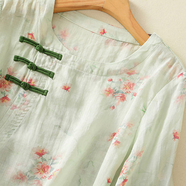 Buddha Stones Plant Printed Crew Neck Frog Button Design Women's Polyester Three Quarter Sleeve Shirt - image 20