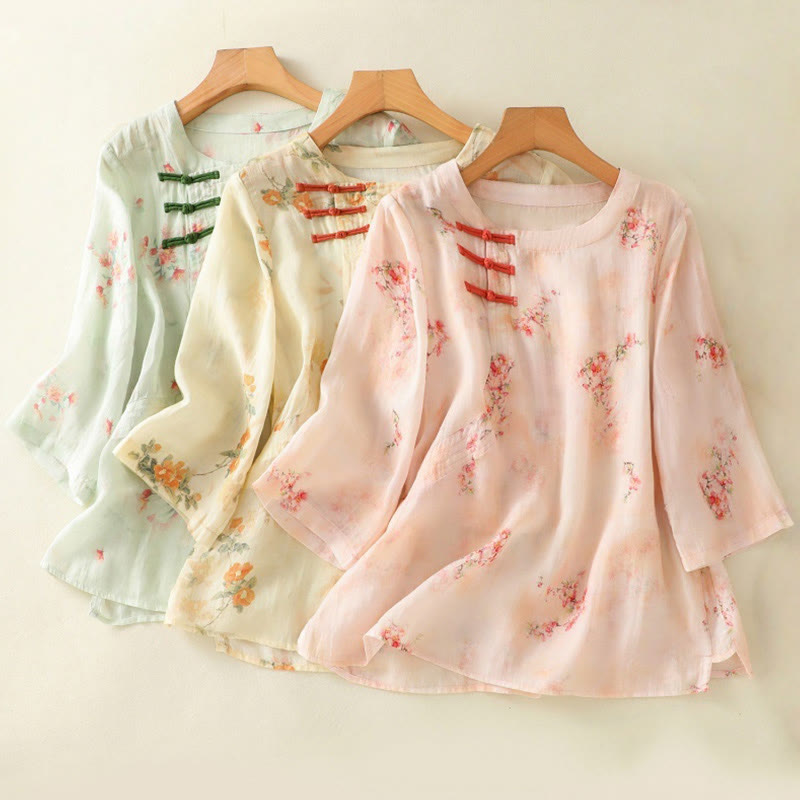 Buddha Stones Plant Printed Crew Neck Frog Button Design Women's Polyester Three Quarter Sleeve Shirt - image 24