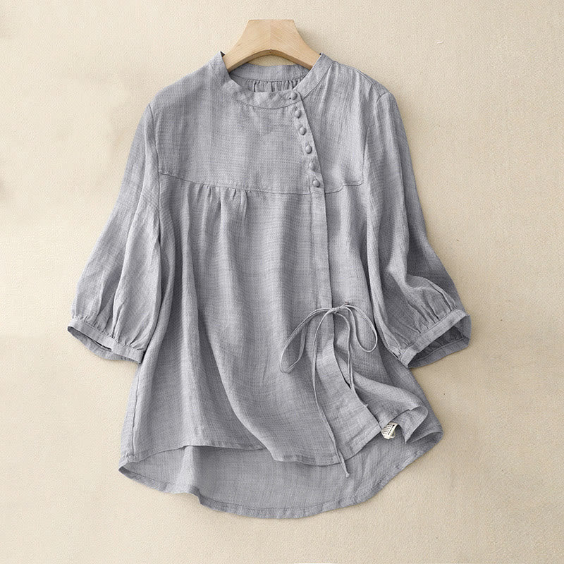 Buddha Stones Lace-up Buttons Design Women's Cotton Linen Three Quarter Sleeve Shirt - LightBlue - US14，UK/AU18，EU46 (2XL) - image 0