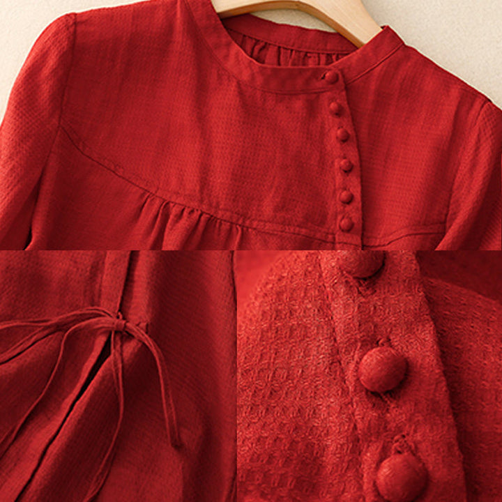 Buddha Stones Lace-up Buttons Design Women's Cotton Linen Three Quarter Sleeve Shirt - image 18