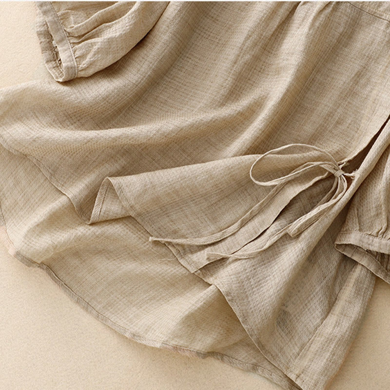 Buddha Stones Lace-up Buttons Design Women's Cotton Linen Three Quarter Sleeve Shirt - image 8