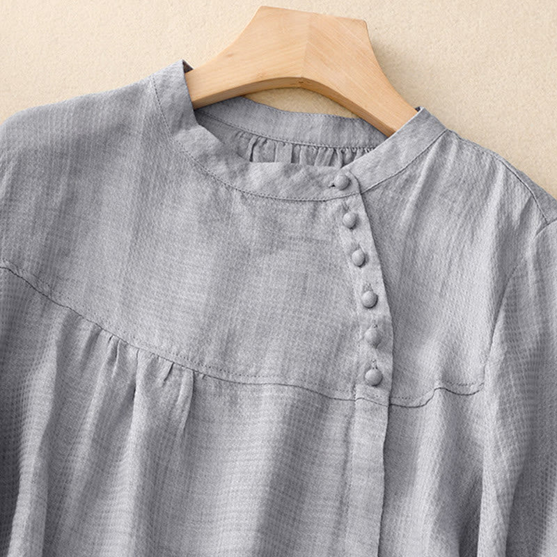 Buddha Stones Lace-up Buttons Design Women's Cotton Linen Three Quarter Sleeve Shirt - image 2