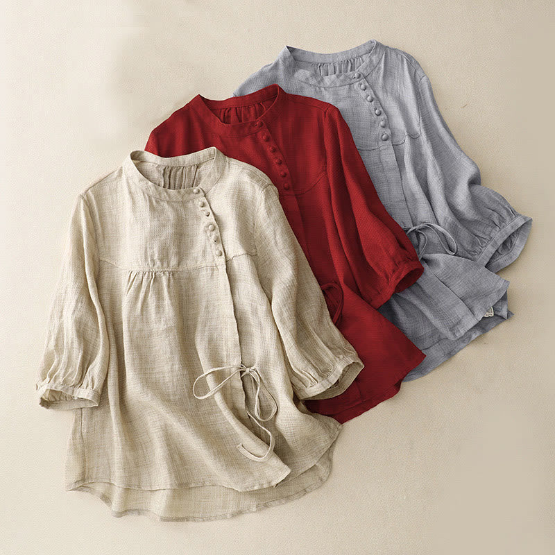Buddha Stones Lace-up Buttons Design Women's Cotton Linen Three Quarter Sleeve Shirt - image 1