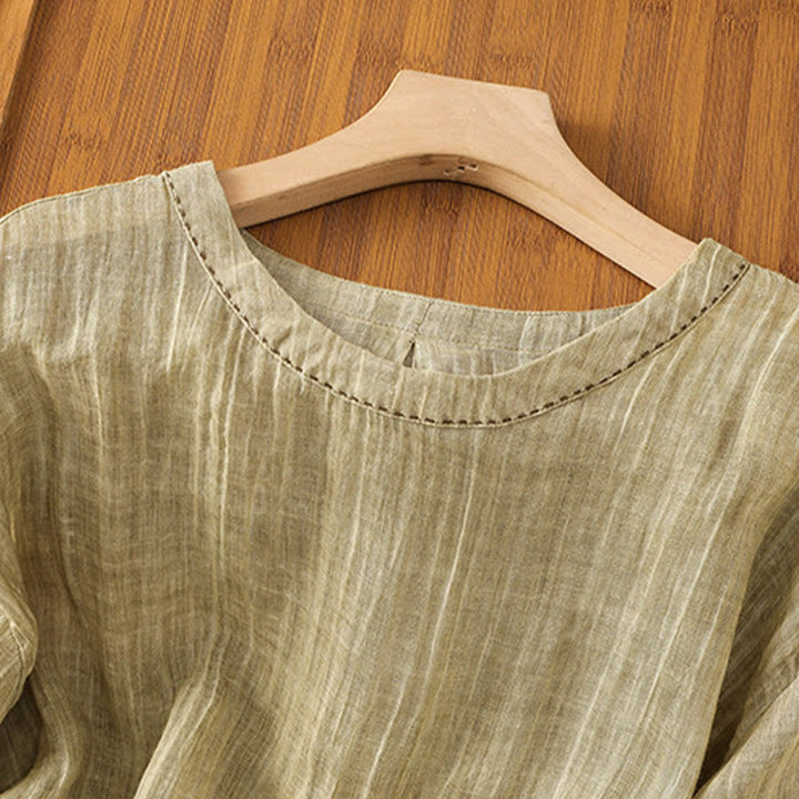 Buddha Stones Casual Summer Plain Crew Neck Women's  Cotton Linen Three Quarter Sleeve T-Shirt - image 3