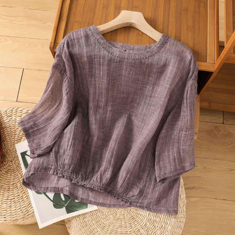 Buddha Stones Casual Summer Plain Crew Neck Women's  Cotton Linen Three Quarter Sleeve T-Shirt - MediumOrchid - US14，UK/AU18，EU46 (2XL) - image 8