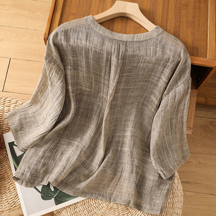 Buddha Stones Casual Summer Plain Crew Neck Women's  Cotton Linen Three Quarter Sleeve T-Shirt - image 17