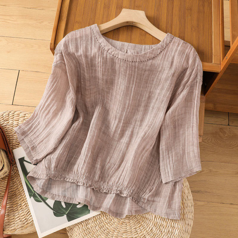 Buddha Stones Casual Summer Plain Crew Neck Women's  Cotton Linen Three Quarter Sleeve T-Shirt - image 25