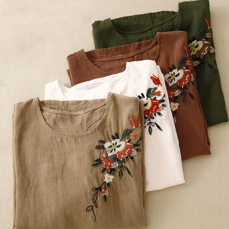 Buddha Stones Casual Summer Embroidered Crew Neck Women's  Cotton Short Sleeve T-shirt - image 29