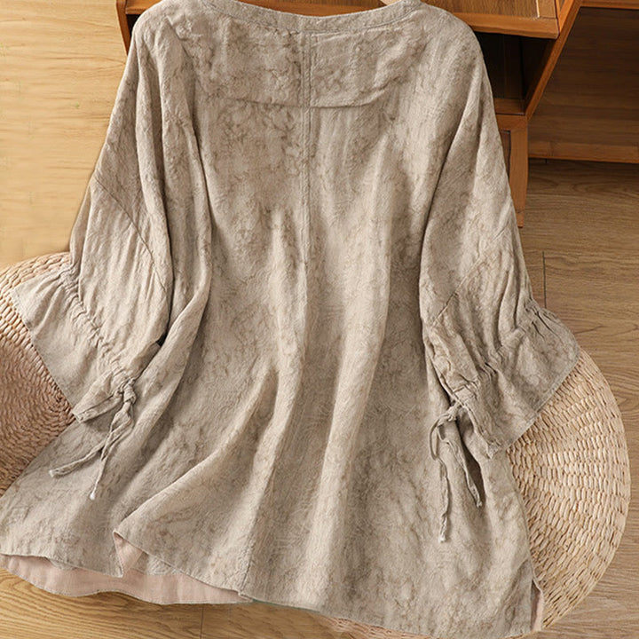Buddha Stones Casual Retro Solid Color Crew Neck Design Drawstring Half Sleeve Cotton Polyester Midi Dress