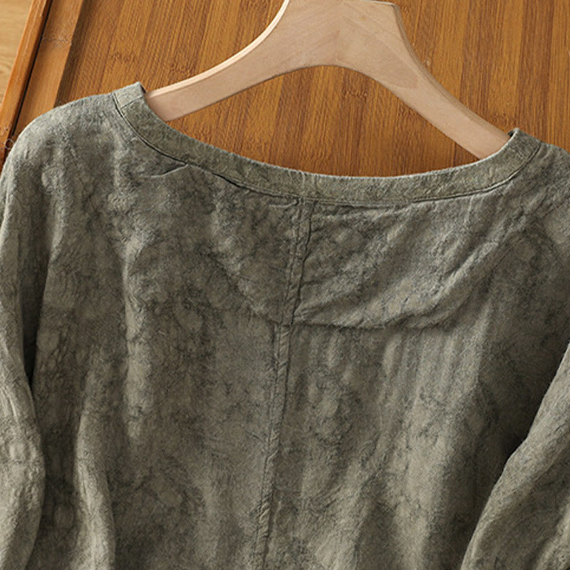 Buddha Stones Casual Retro Solid Color Crew Neck Design Drawstring Half Sleeve Cotton Polyester Midi Dress