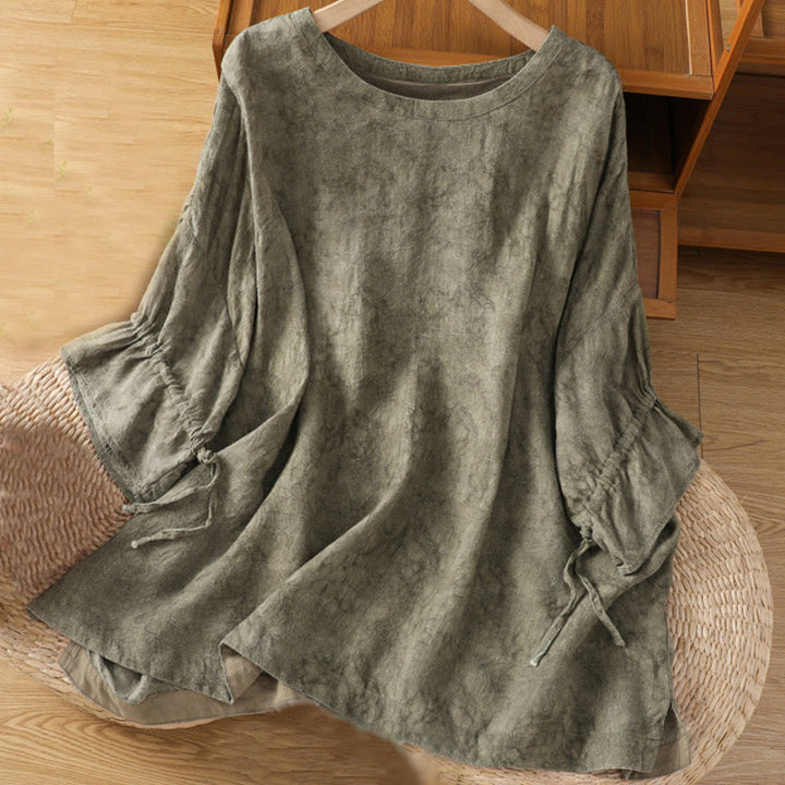 Buddha Stones Casual Retro Solid Color Crew Neck Design Drawstring Half Sleeve Cotton Polyester Midi Dress