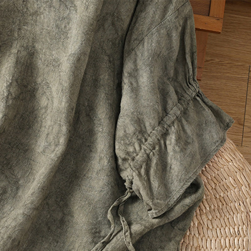Buddha Stones Casual Retro Solid Color Crew Neck Design Drawstring Half Sleeve Cotton Polyester Midi Dress