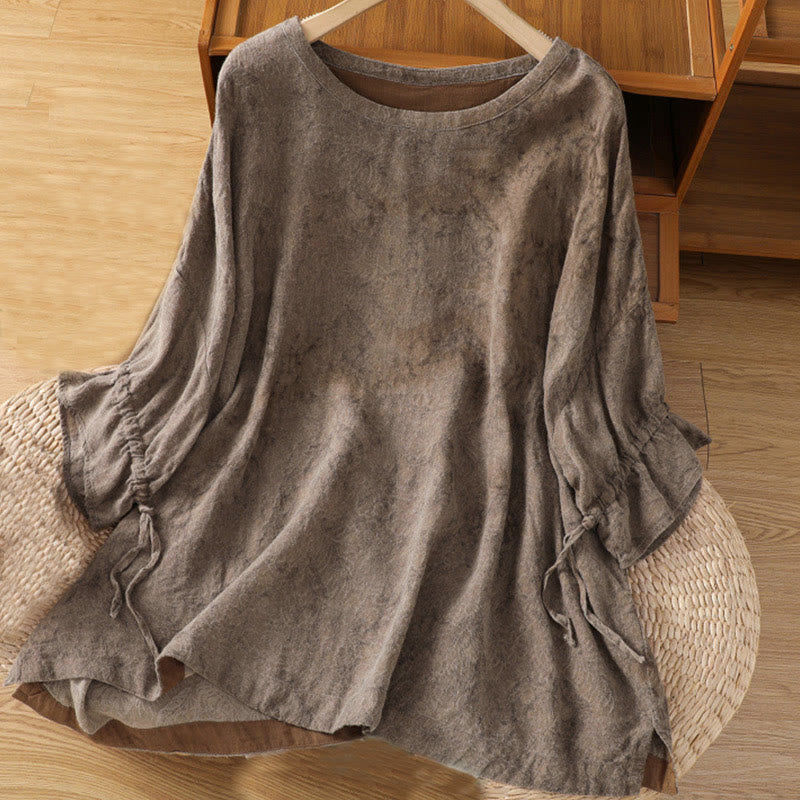Buddha Stones Casual Retro Solid Color Crew Neck Design Drawstring Half Sleeve Cotton Polyester Midi Dress