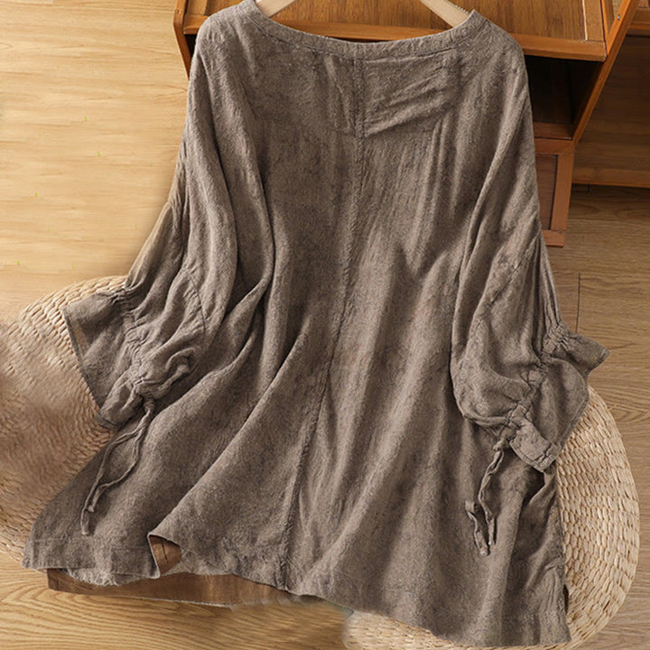 Buddha Stones Casual Retro Solid Color Crew Neck Design Drawstring Half Sleeve Cotton Polyester Midi Dress
