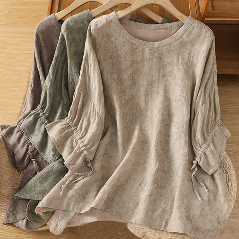 Buddha Stones Casual Retro Solid Color Crew Neck Design Drawstring Half Sleeve Cotton Polyester Midi Dress