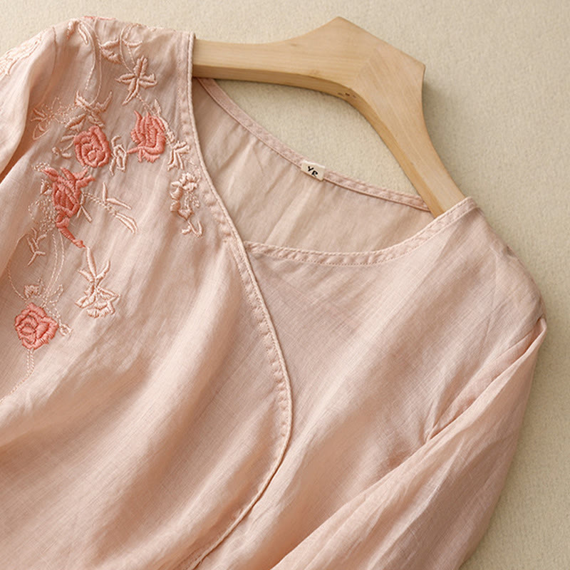 Buddha Stones Rose Vine Embroidery Design Women's Cotton Linen Three Quarter Sleeve Shirt - image 1