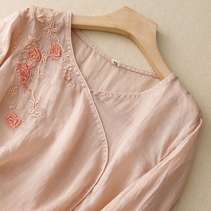 Buddha Stones Rose Vine Embroidery Design Women's Cotton Linen Three Quarter Sleeve Shirt - image 1