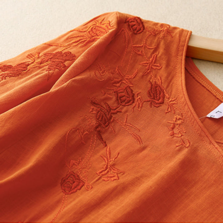 Buddha Stones Rose Vine Embroidery Design Women's Cotton Linen Three Quarter Sleeve Shirt - image 8