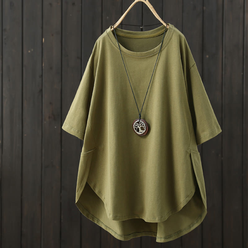 Buddha Stones Casual Loose Summer Plain Crew Neck Women's  Cotton Short Sleeve T-shirt - Olive - US14，UK/AU18，EU46 (2XL) - image 0