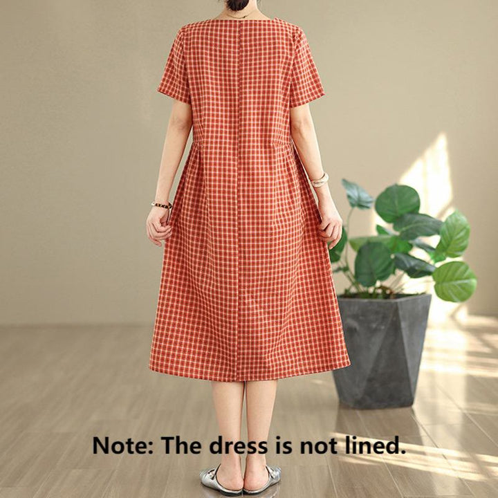 Buddha Stones Retro Solid Color Plaid Pattern Crew Neck Short Sleeve Cotton Linen Midi Dress With Pockets - image 1