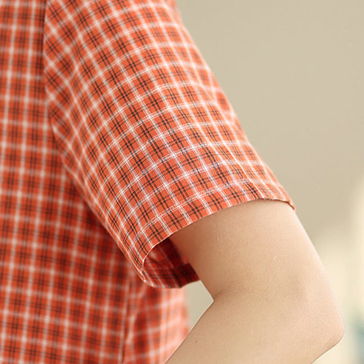 Buddha Stones Retro Solid Color Plaid Pattern Crew Neck Short Sleeve Cotton Linen Midi Dress With Pockets - image 5