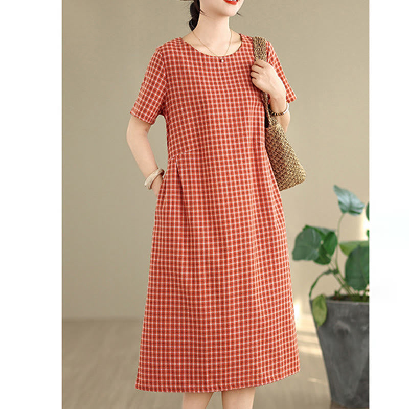 Buddha Stones Retro Solid Color Plaid Pattern Crew Neck Short Sleeve Cotton Linen Midi Dress With Pockets - image 6