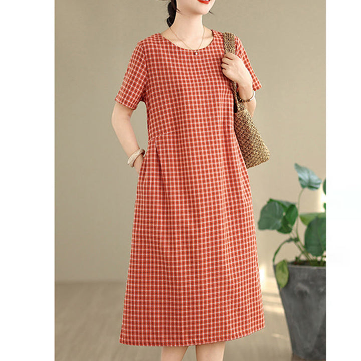 Buddha Stones Retro Solid Color Plaid Pattern Crew Neck Short Sleeve Cotton Linen Midi Dress With Pockets - image 6