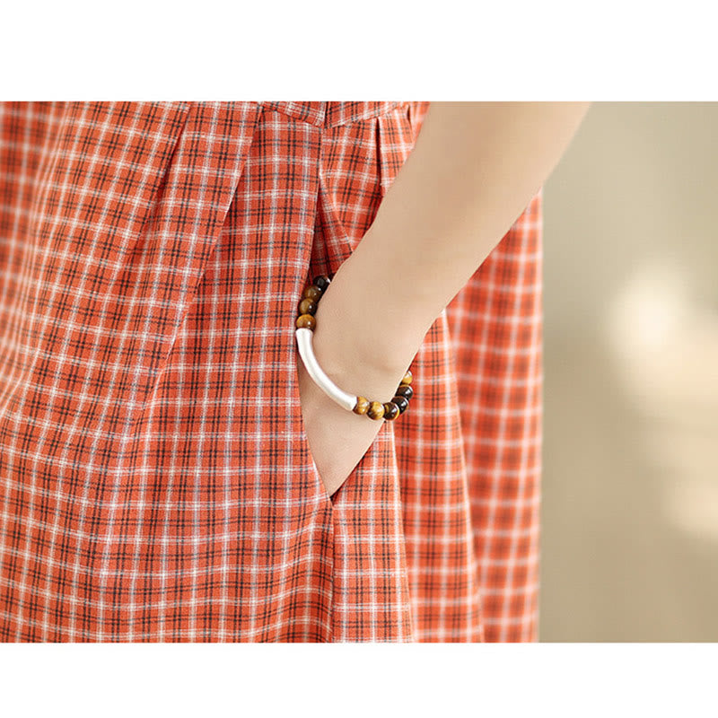Buddha Stones Retro Solid Color Plaid Pattern Crew Neck Short Sleeve Cotton Linen Midi Dress With Pockets - image 8