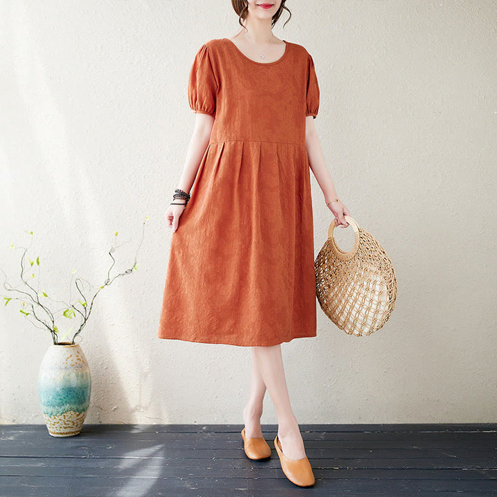 Buddha Stones Casual Solid Color Jacquard Crew Neck Short Puff Sleeve Cotton Linen Midi Dress