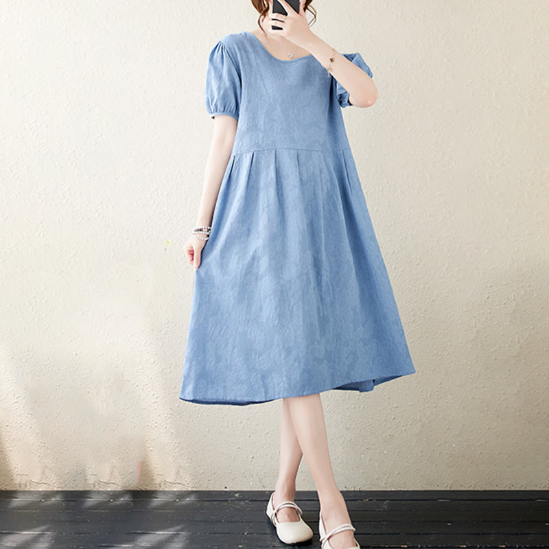 Buddha Stones Casual Solid Color Jacquard Crew Neck Short Puff Sleeve Cotton Linen Midi Dress