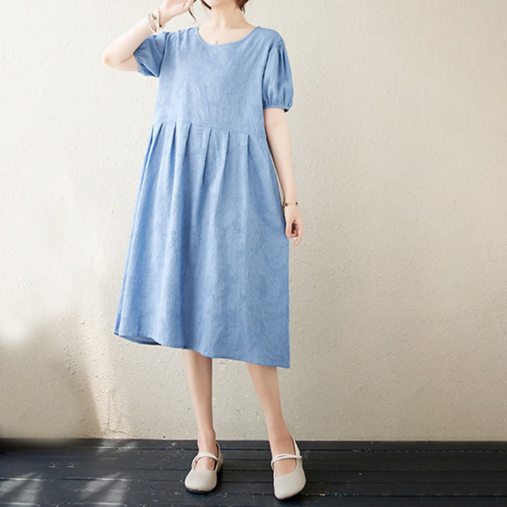 Buddha Stones Casual Solid Color Jacquard Crew Neck Short Puff Sleeve Cotton Linen Midi Dress