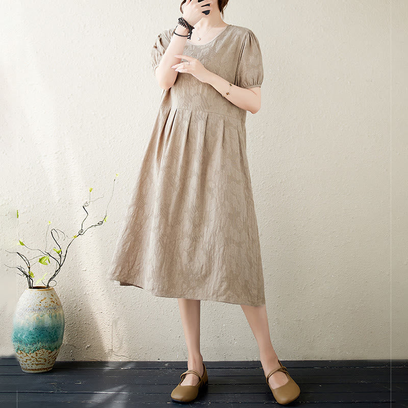 Buddha Stones Casual Solid Color Jacquard Crew Neck Short Puff Sleeve Cotton Linen Midi Dress
