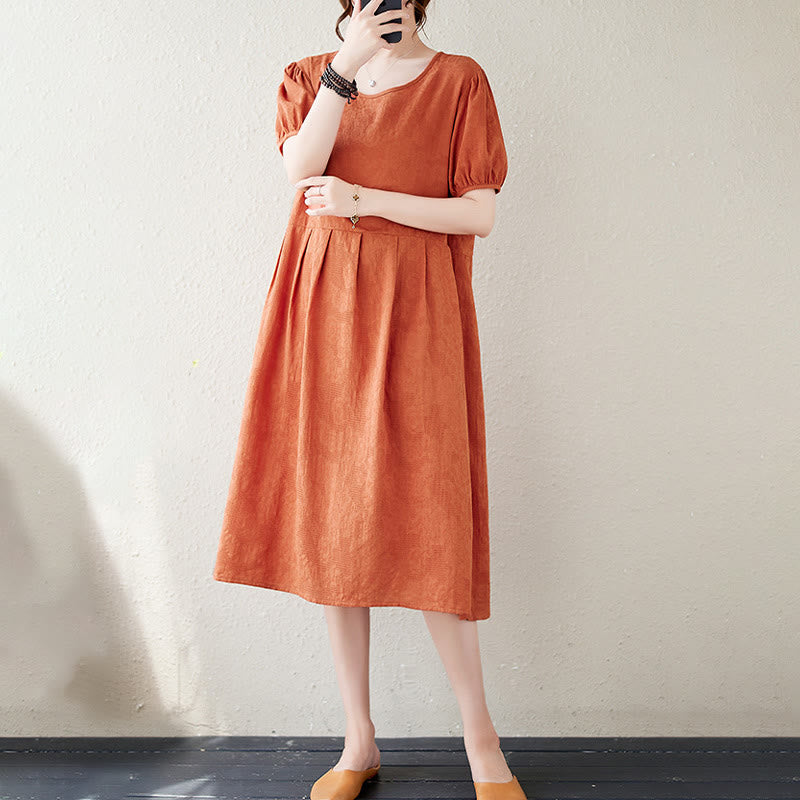 Buddha Stones Casual Solid Color Jacquard Crew Neck Short Puff Sleeve Cotton Linen Midi Dress