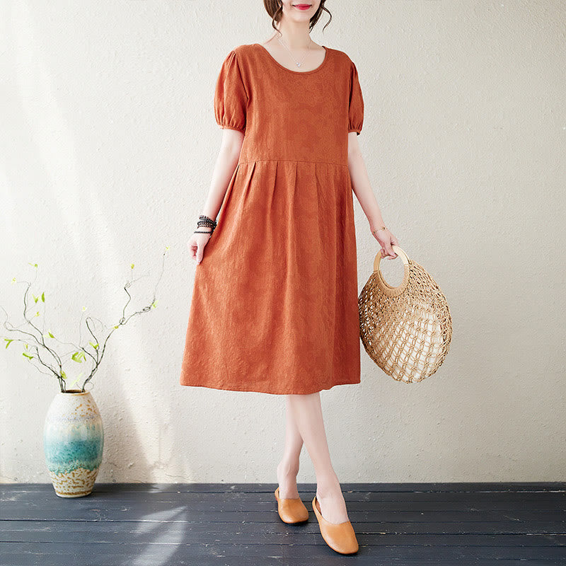 Buddha Stones Casual Solid Color Jacquard Crew Neck Short Puff Sleeve Cotton Linen Midi Dress - OrangeRed - US8-10，UK/AU12-14，EU40-42 (2XL) - image 0