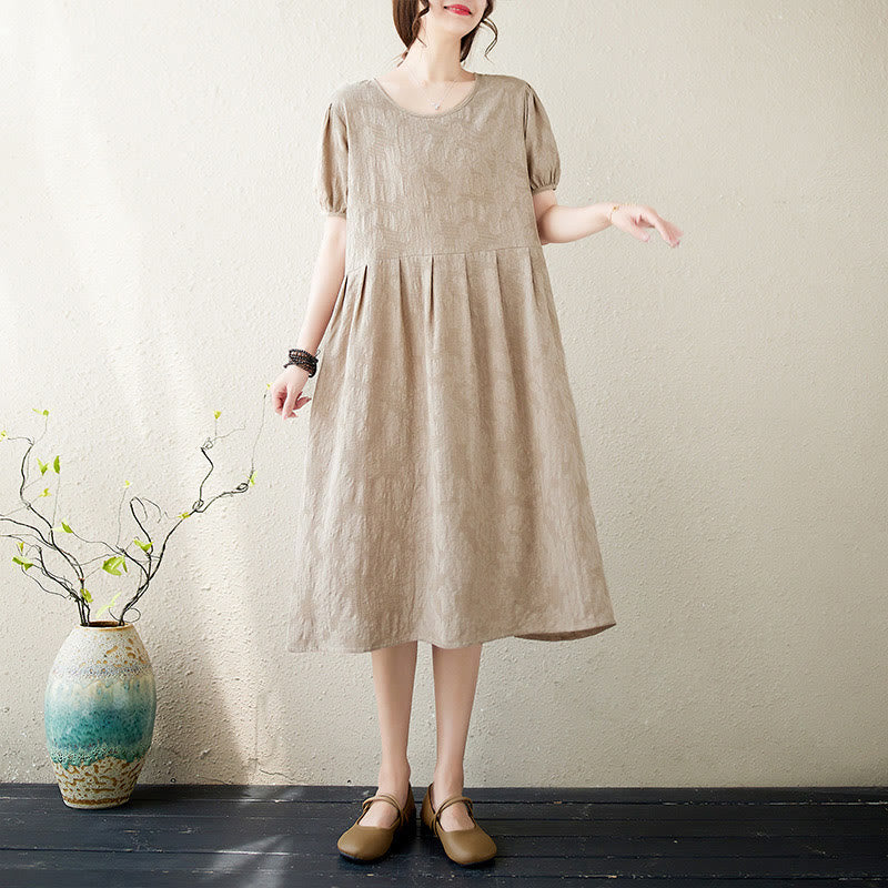 Buddha Stones Casual Solid Color Jacquard Crew Neck Short Puff Sleeve Cotton Linen Midi Dress
