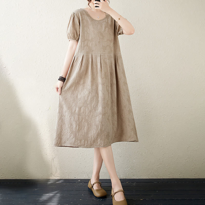 Buddha Stones Casual Solid Color Jacquard Crew Neck Short Puff Sleeve Cotton Linen Midi Dress