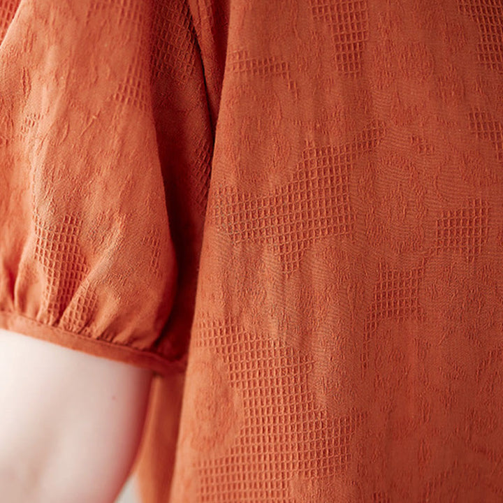 Buddha Stones Casual Solid Color Jacquard Crew Neck Short Puff Sleeve Cotton Linen Midi Dress
