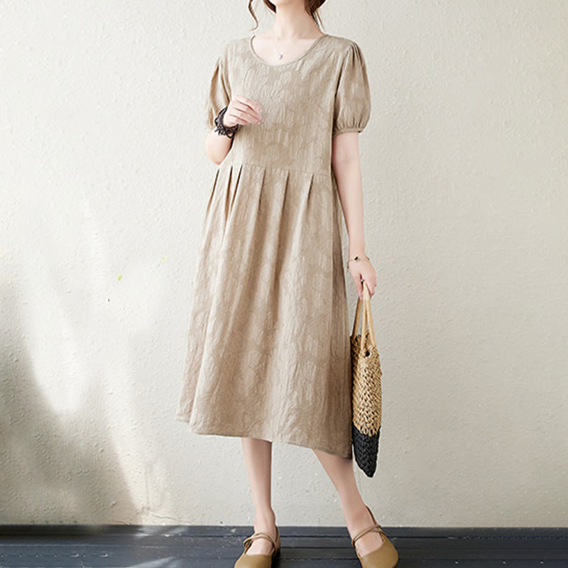 Buddha Stones Casual Solid Color Jacquard Crew Neck Short Puff Sleeve Cotton Linen Midi Dress