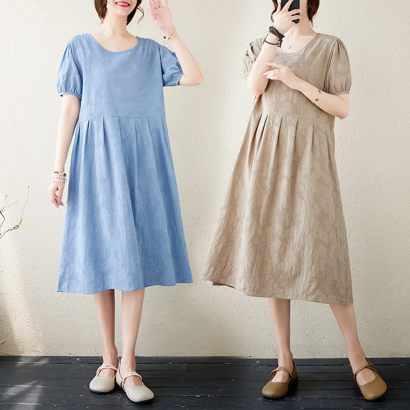 Buddha Stones Casual Solid Color Jacquard Crew Neck Short Puff Sleeve Cotton Linen Midi Dress